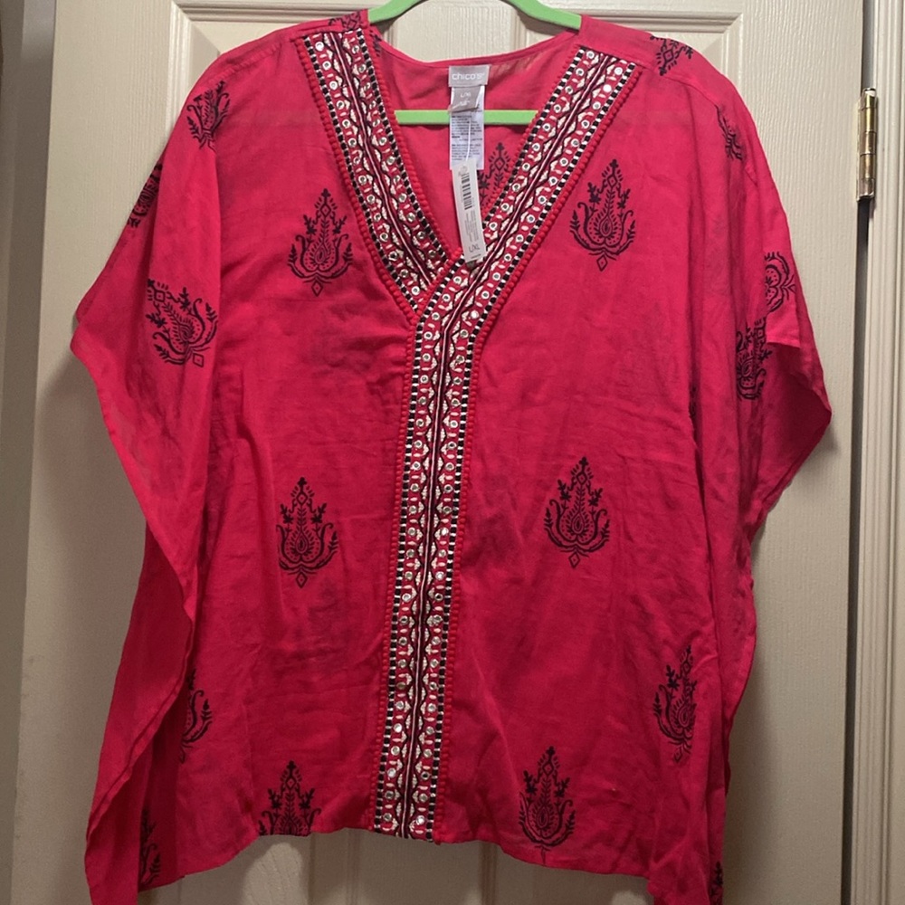 Chico‘s poncho L/XL hot pink embroidery trim Boho style India 100% cotton